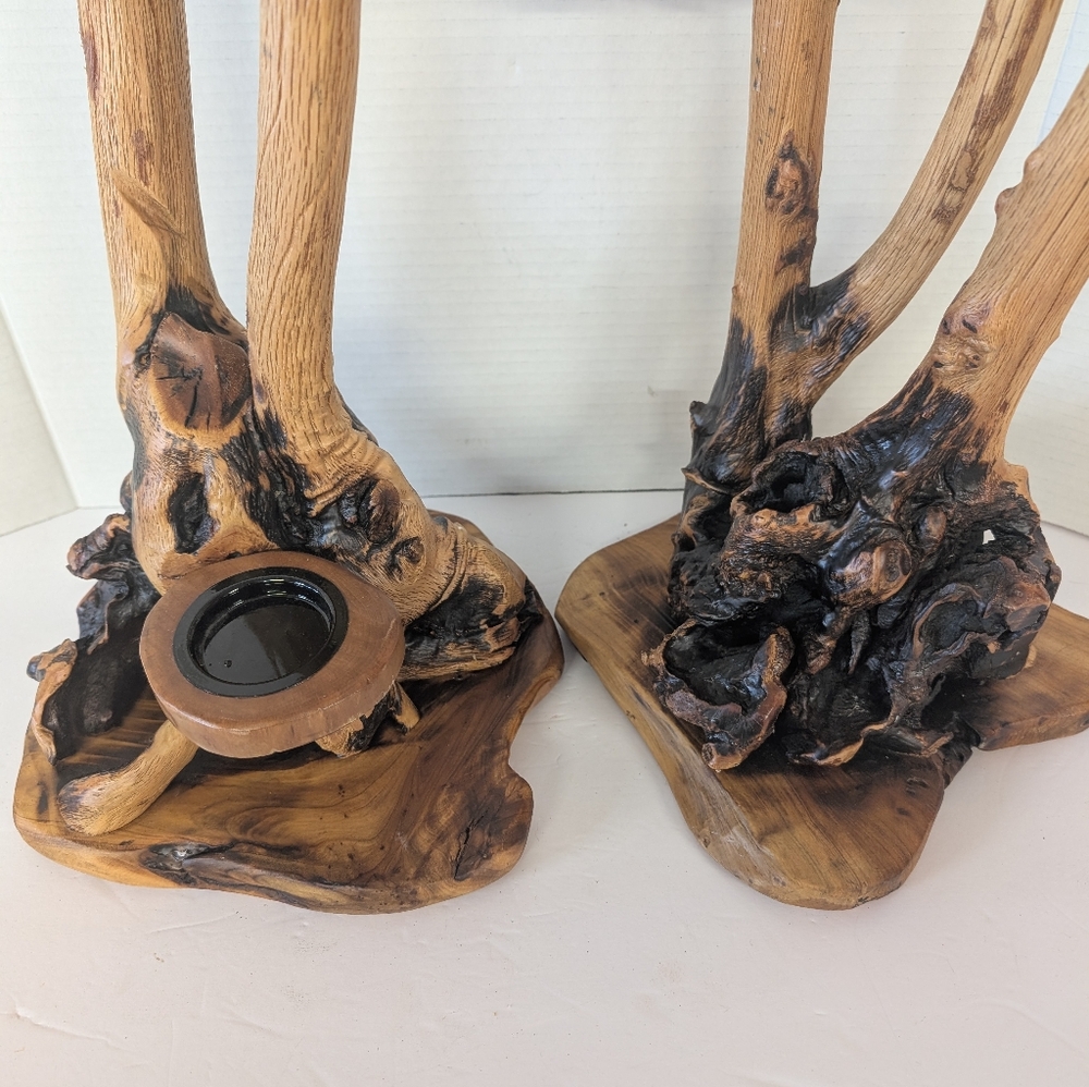 Vintage Candle Holder Wood Rustic Large Set Made Out of Burl-Wood - Picture 8 of 10